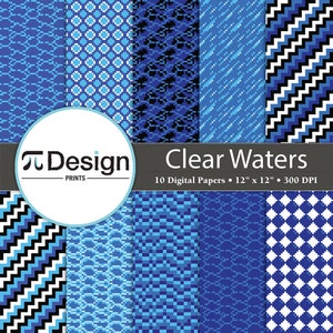Lot de 10 papiers numériques motif eau de mer, 30 x 12 po. | Motif aquatique de jeu vidéo | Papier pour scrapbooking Pixel Water | Jeu de papiers bleu océan