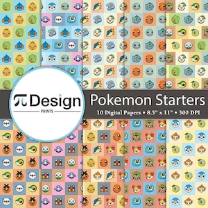 Starter Monsters 8.5&quot;x11&quot; Digital Paper 10 Pack | Fire Water Grass Starters | Printable | Checker Pattern Paper | Kawaii Anime DIY
