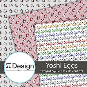 May include: Twelve digital papers featuring a pixelated pattern of Yoshi eggs in various colors, including red, blue, green, and yellow. The papers are 12 inches by 12 inches and 300 DPI.