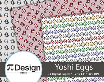 Cute Yoshi Egg Pattern 12"x12" Digital Paper Pack of 10 | Video Game Paper | Scrapbook Supplies | Geeky Craft