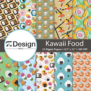 Kawaii Essen 8,5 "x11" Digital Papier 10er Pack | Japanisches Essen Kawaii Muster | Sushi und Reis Clipart | Süßes japanisches Essen Instant Download