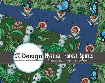 Mystical Forest Spirits 8.5"x11" Digital Paper 10 Pack | Anime Hand-Drawn Patterns | Nature-inspired Gifts and Crafts | Kodama Digital Paper