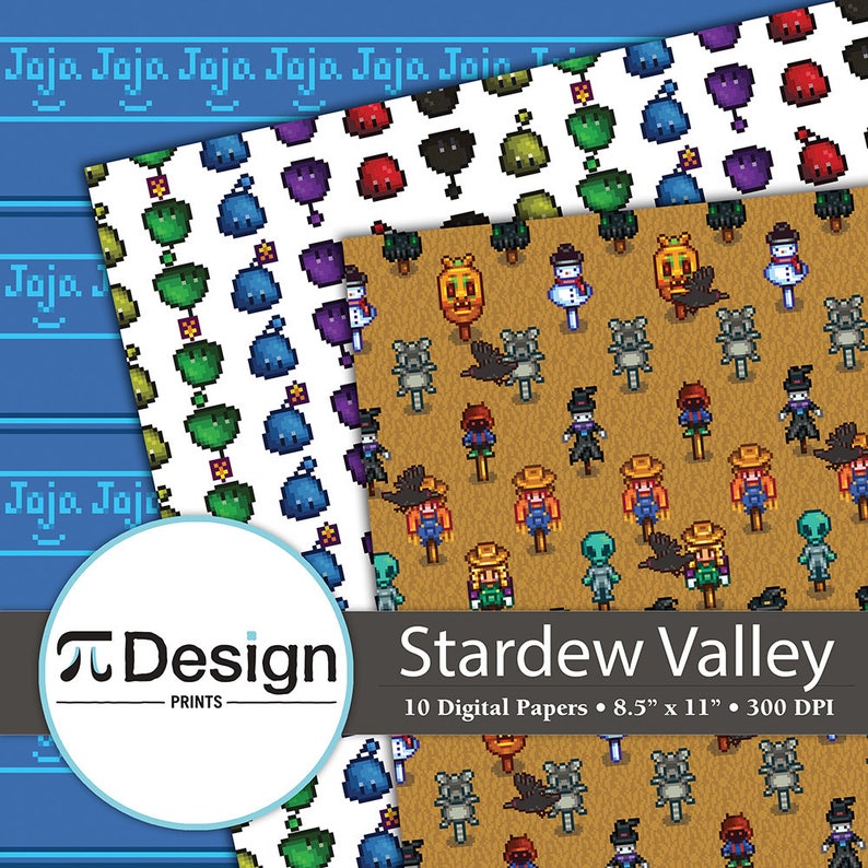 Junimo Stardew Valley Inspired 8.5x11 Digital Paper 10 Pack Farm Scarecrow Pattern Paper Pixel Digital Download Video Game Printable image 1