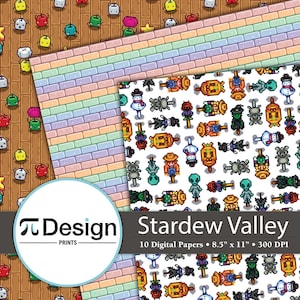 Junimo Stardew Valley Inspired 8.5x11 Digital Paper 10 Pack Farm Scarecrow Pattern Paper Pixel Digital Download Video Game Printable image 3