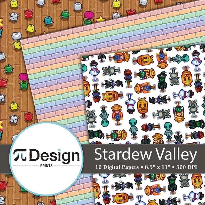 Junimo Stardew Valley Inspired 8.5x11 Digital Paper 10 Pack Farm Scarecrow Pattern Paper Pixel Digital Download Video Game Printable image 3