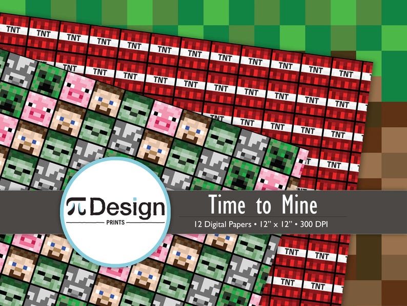 Digitalt papper för gruvdriftsvideospel 30x30 cm | Sömlöst mönster med krypande djur | Pixelerat | Gör-det-själv-gamerpyssel | Utskrivbar nörddesign | 8-bitars pixelkonst bild 2
