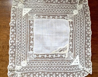 Antique Victorian Handmade Broderie Anglaise Whitework & Valenciennes Lace Trousseau Wedding Handkerchief