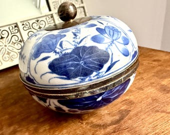 Antique Edwardian Hand Painted Chinoiserie Sterling Silver Mounted Butter Dish