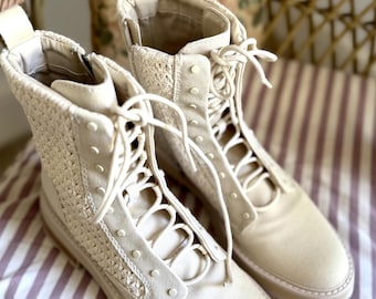 Vintage Dolce Vita Victorian Style Cream Canvas and Crochet Laceup Booties