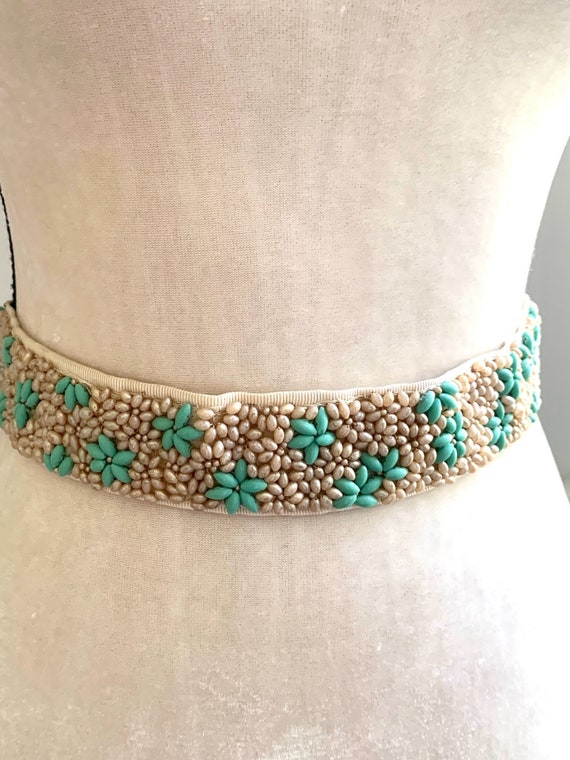 Antique Hand Beaded 1930s Pearl & Turquoise Party… - image 2