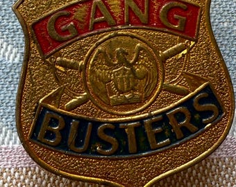 Vintage 1930s Gangbusters Brass Buckle: Embossed Enameled Pin