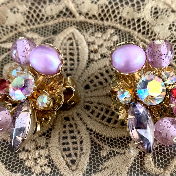 Vintage Miriam Haskell Style Pink Iridescent Beaded Rainbow Earrings