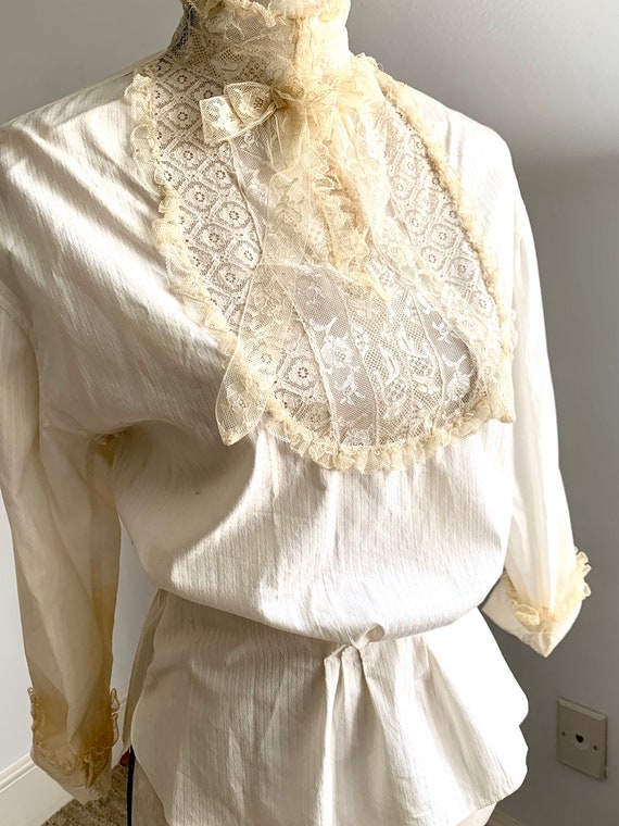 Antique Edwardian Alencon Laced Cotton Shirting S… - image 5