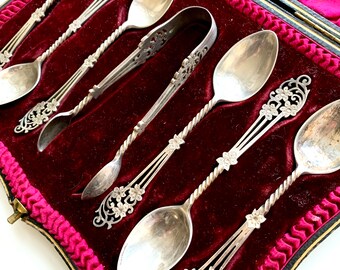 Antique Rare Art Nouveau Hand Cut Lacey British Sterling Silver Spoon & Tong Set, Original Box