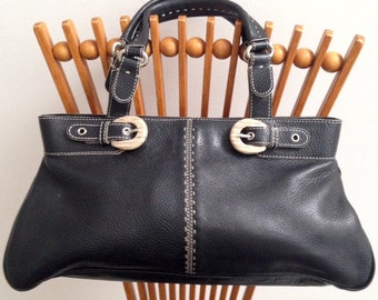 Vintage Adrienne Vittadini Top-Stitched Leather Tote with Shell Buckle