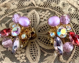 Vintage 50s Miriam Haskell Style Pink& Lilac Iridescent Beaded Earrings
