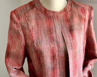 Vintage Anne Klein Linen Jacket: Retro Pink Plaid, Unconstructed Style
