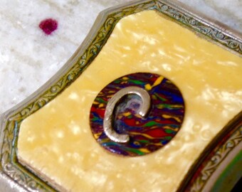 Antique Silver 1920s Marbled Celluloid Belt Buckle
