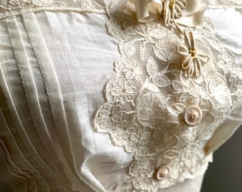 Antique Edwardian Alencon Lace Trimmed Pin-Tucked Cotton Lawn Trousseau Corset Cover/Bandeau