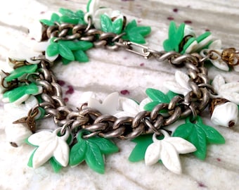 Vintage Czech Glass & Lucite Modernist Filigree Charm Bracelet