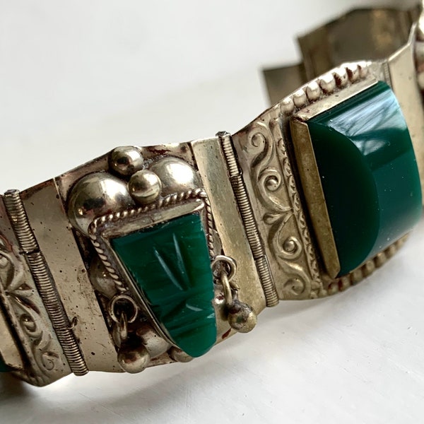 Vintage MidCModern Sterling Silver & Green Onyx Mexican Artist Signed TAXCO Bracelet