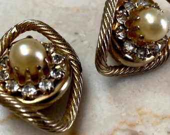 Antique MidC Glam Designer Signed Hobe Twisted Gold, Pearl & Rhinestone Earrings