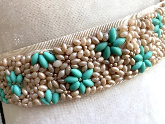 Antique Hand Beaded 1930s Pearl & Turquoise Party… - image 1