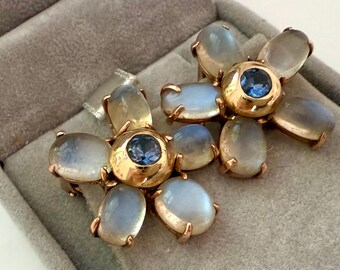 Vintage 14K Gold Moonstone and Sapphire Oversized Flower Earrings