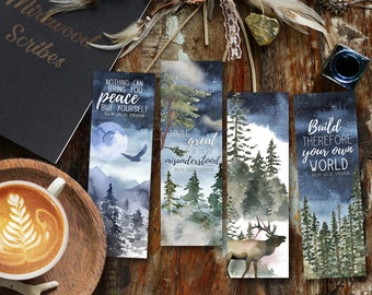 Ralph Waldo Emerson Printable Watercolor Bookmarks, Nature Quote Bookmarks, Elk and Pine Night Print Reader Gift