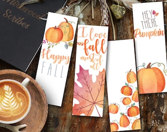 Pumpkin Printable Bookmarks, Hello Fall Autumn Bookmark with Pumpkins, Maple Leaves Happy Fall Print