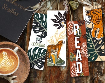 Tiger Printable Bookmarks, Monstera Leaves and Jugle Theme Burnt Orange Bookmarks, Big Pattern Bookish Print