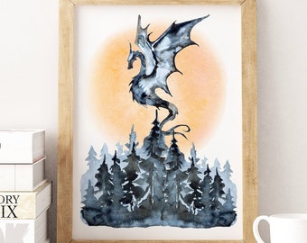 Watercolor Dragon Art Printable, Blue Moonrise Dragon Forest Watercolor Art Print, Fantasy Home Decor