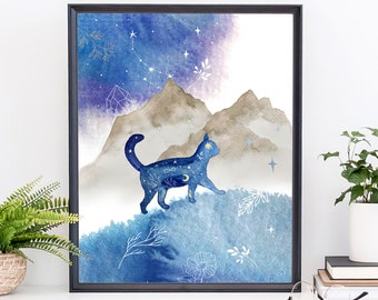Aquarell Katze Print, druckbare Katzenliebhaber Wandkunst, kosmische Wohnkultur, Sternbild Katze Art Print Instant Download Bild