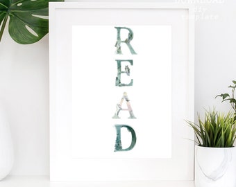 Book Lover Printable Art, READ Green Fantasy Shelf Decor, Bookworm Gift for Book Lover, Unicorn Art