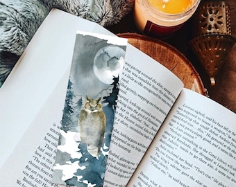 Owl Bookmark, Moon Bookmark, Reader Gift, Spooky Owl Bookmark, Watercolor Bookmark