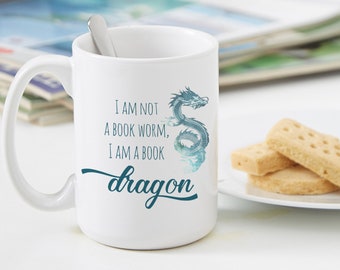 Book Dragon Ceramic Coffee Mug, Book Lover Mug, Book Worm Gift, Bookstagram Coffee Cup, Bookish Glass Mug with Dragon