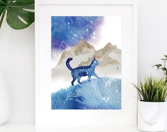 Galaxie Katze Aquarell Kunstdruck, Katzenliebhaber Home Decor, Blaue Galerie Wandpostkarte Druck, Celestial Stars Constellation Wall Art
