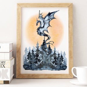 Watercolor Dragon Art Printable, Blue Moonrise Dragon Forest Watercolor Art Print, Fantasy Home Decor
