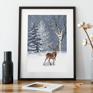 Deer in the Snow Watercolor Printable Art, Winter Landscape Instant Download Printable