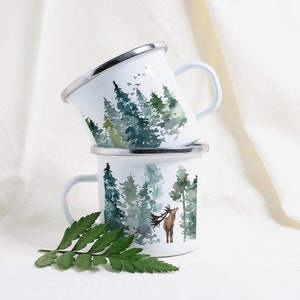 Winter Pine Mug, Enamel Metal Camping Mug, Reindeer Mug, Tin Camp Mug with Deer and Trees, Watercolor Forest