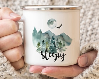 Sleepy Forest Mug, Watercolor Camping Coffee Mug, Best Friend Wanderlust Nature Lover Gift, Full Moon Metal Hiker Gift Mug
