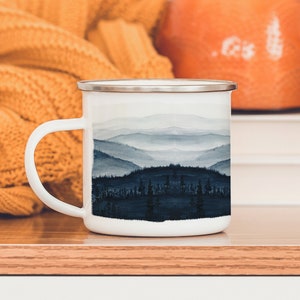 Natural Landscape Watercolor Camp Mug, Metal Blue Forest Mug, Magical Meadow Solstice Mug, Outdoor Lover Gift for Husband