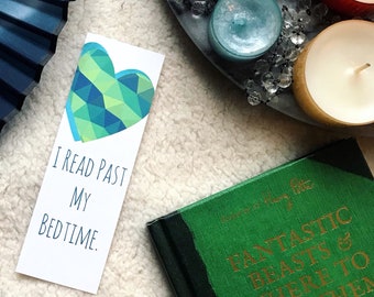 I Read Past My Bedtime Bookmark, Jade Heart Geometric Bookmark, Green Heart Gift for Reader