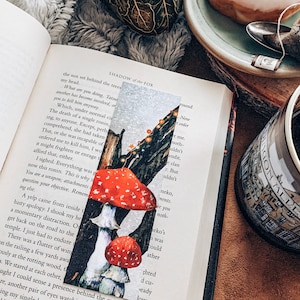 Woodland Wonder Mushroom Bookmark, Red Mushrooms Linen Handmade Bookmark with Fairy Lights