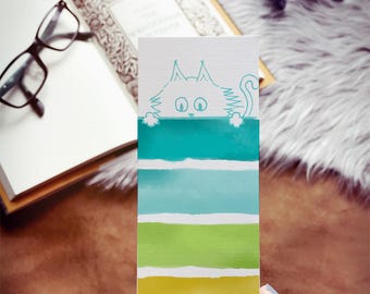 Sketchy Watercolor Cat Bookmark, Rainbow Peeking Kitty Bookmark