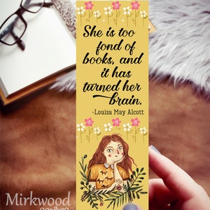 Louisa May Alcott Quote Bookmark, Bookworm Gift, Yellow Floral Bookmark, Ze is te dol op boeken en het heeft haar hersenen veranderd Single Bookmark