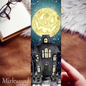 Haunted House Halloween Bookmark, Watercolor Spooky Full Moon Handmade Bookmark