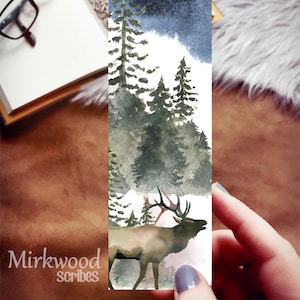 Elk Watercolor Bookmark, Nature and Pines Watercolor Linen Paper Bookmark