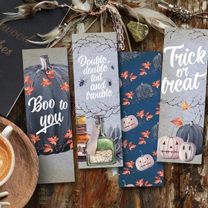 Halloween Watercolor Bookmarks, Printable Trick or Treat, Dusty Blue Pumpkins Instant Download Bookish Gifts