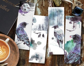 Raven Bookmarks, Printable Set of 4 Watercolor Moonlight Ravens Bookmarks, Winter Snow Birds, Moody Black Crow Print at Home for Reader Gift